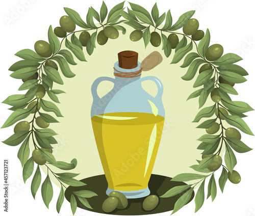 A bottle of olive oil of an unusual shape with two handles on the sides. Vector illustration isolated on a white background.