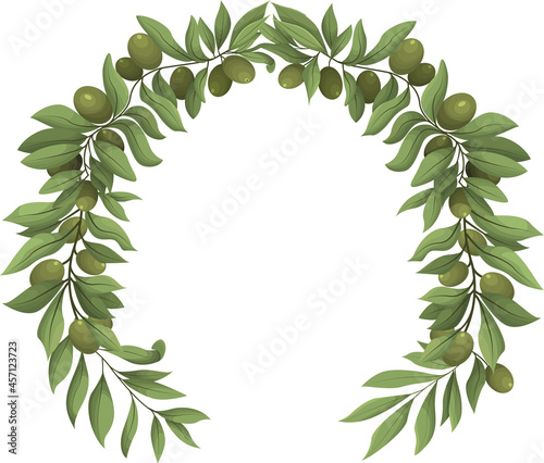 Fototapeta Naklejka Na Ścianę i Meble -  The frame is an olive branch with fresh leaves and olives. Vector illustration isolated on a white background.