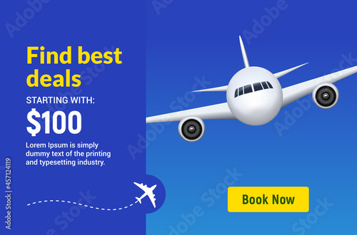 Flight travel trip banner for online booking. Vector Airplane ticket online sale design promo template