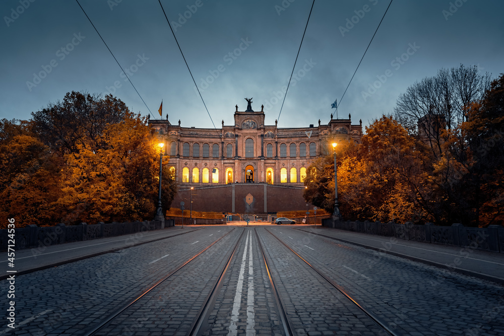 Maximilianeum -  seat of the  Bavarian State Parliament - at night - Munich, Bavaria, Germany. - obrazy, fototapety, plakaty 
