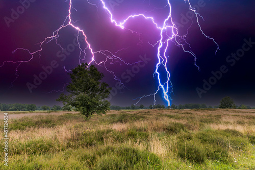 Editing of the natural landscape Balloërveld in the Dutch province of Drenthe with very heavy thunderstorms and violent lightning