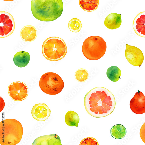 Watercolor citrus seamless pattern: orange, lemon, lime, grapefruit, bitter orange, mandarin, pomelo fruits