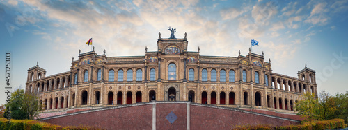 Panoramic view of Maximilianeum - seat of the Bavarian State Parliament - at sunset - Munich, Bavaria, Germany