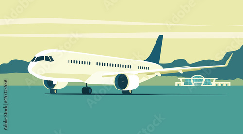 Contemporary jet airliner on the background of an abstract landscape. Vector illustration.