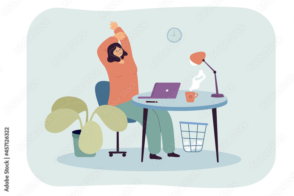 Employee cartoon character stretching after working on laptop. Office workplace, happy female person relaxing at desk flat vector illustration. Break concept for banner, website design or landing web