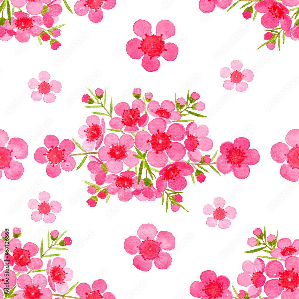 Pink petals of Wax flower blossom seamless pattern illustration, watercolor flora painting