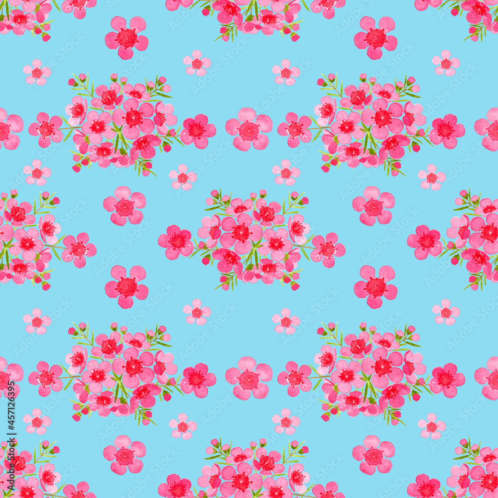 Pink petals of Wax flower blossom seamless pattern illustration, watercolor flora painting