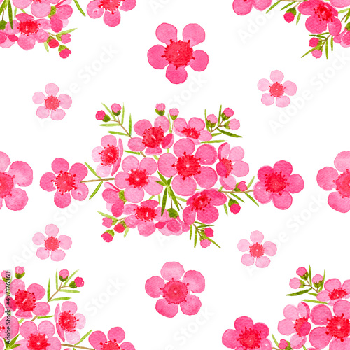 Pink petals of Wax flower blossom seamless pattern illustration, watercolor flora painting