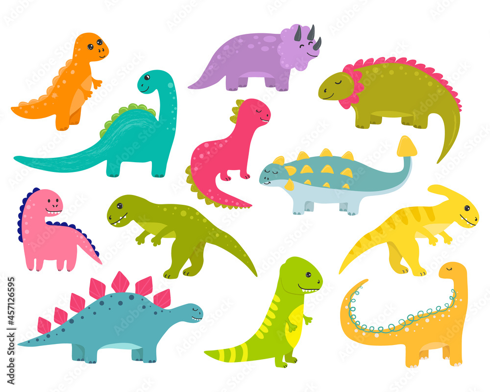 Vector set with dinosaurs in cartoon style.  Collection dinosaurs in hand drawn cartoon style isolated on white background. Can be used for children's room, sticker,  t-shirt, mug and other design.