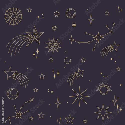 Astral elements vector design. Cosmic, celestial background. Stars, planets, sun, cosmos linear icons.