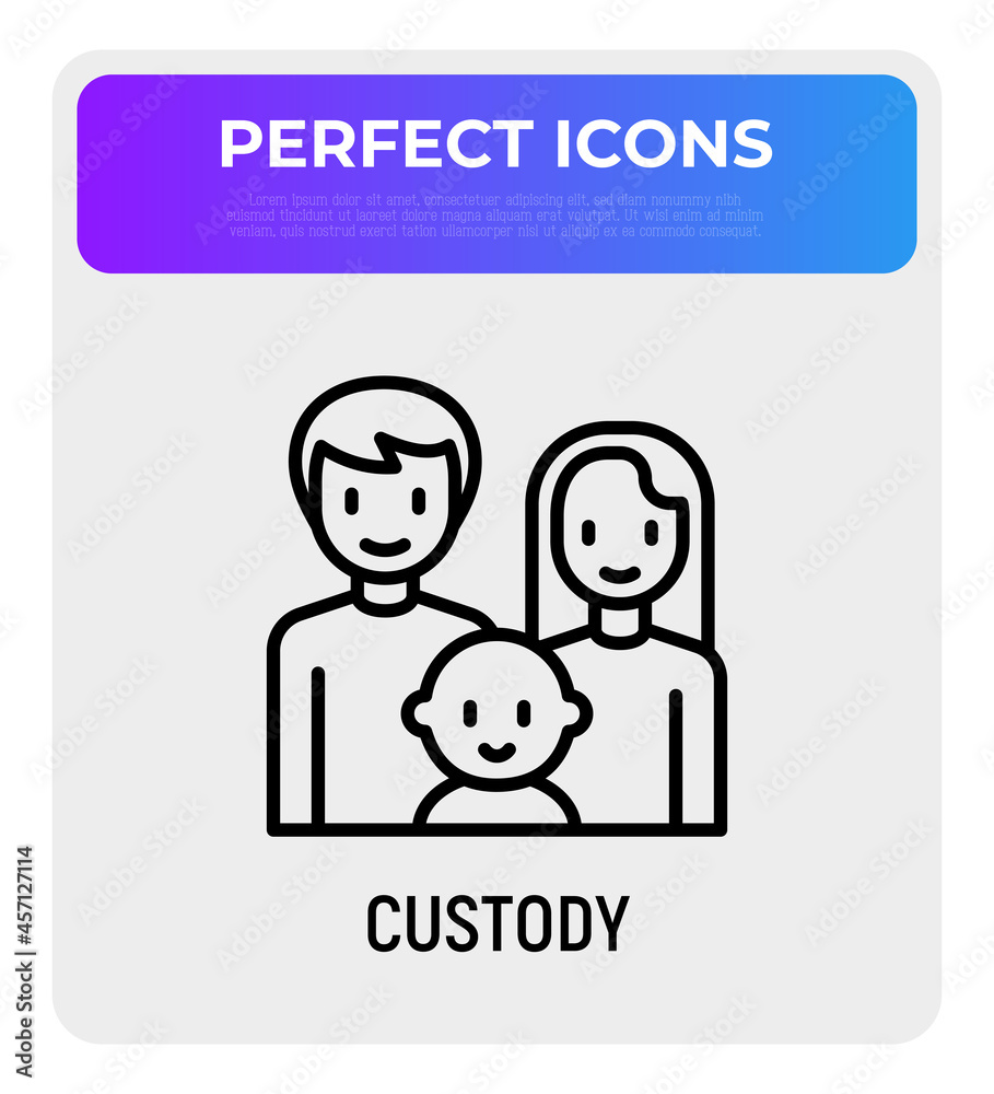 Custody thin line icon, happy family with baby. Modern vector illustration of child adoption.