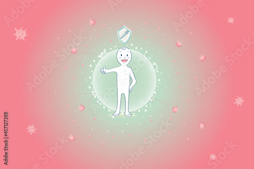 Happy cartoon character with vaccine vaccinated can prevent virus surronding improve herd immunity against covid-19 or coronavirus pandemic in thumbs up posture cartoon vector illustration