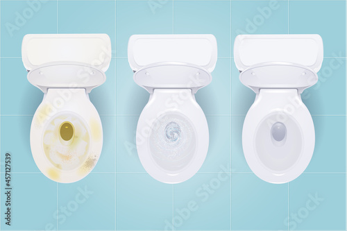 Modern toilet bowl top view in different status clean flushing dirty or grems on blue toilet background vector design illustration of interior mockup design