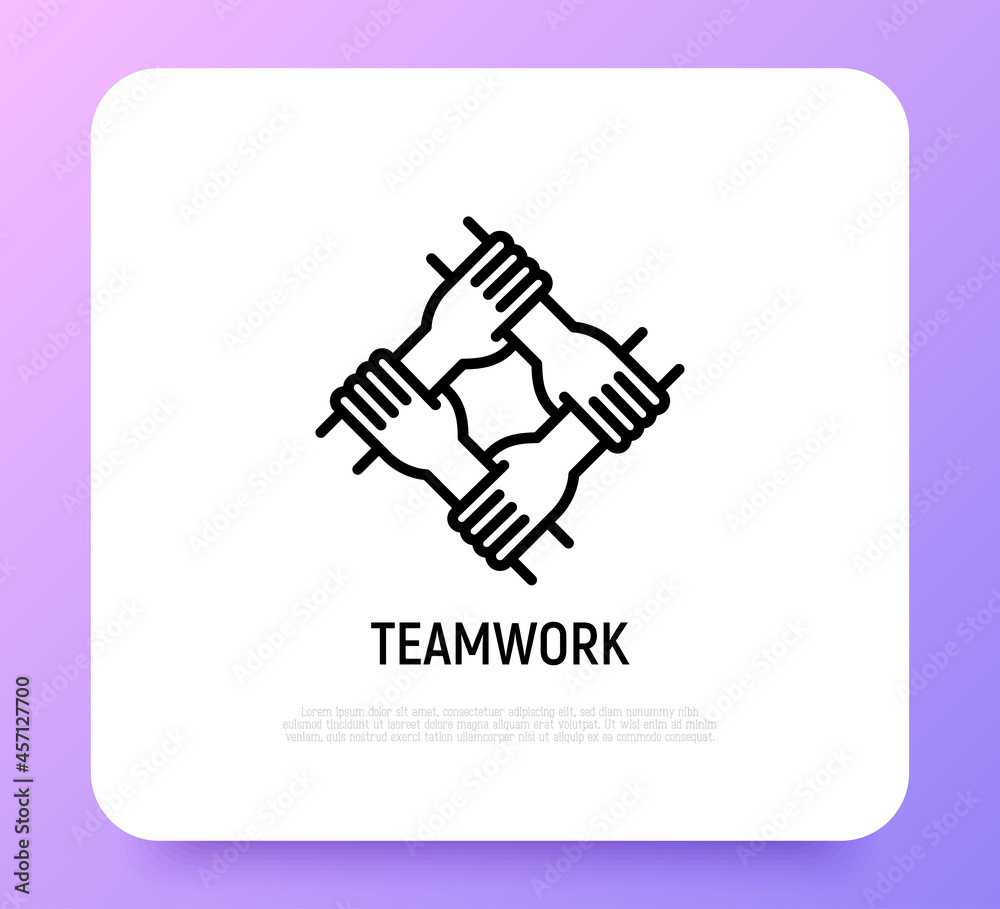 Teamwork, unity, trust and corporate partnership. Thin line icon. Four hands holding each other by wrist. Modern vector illustration.