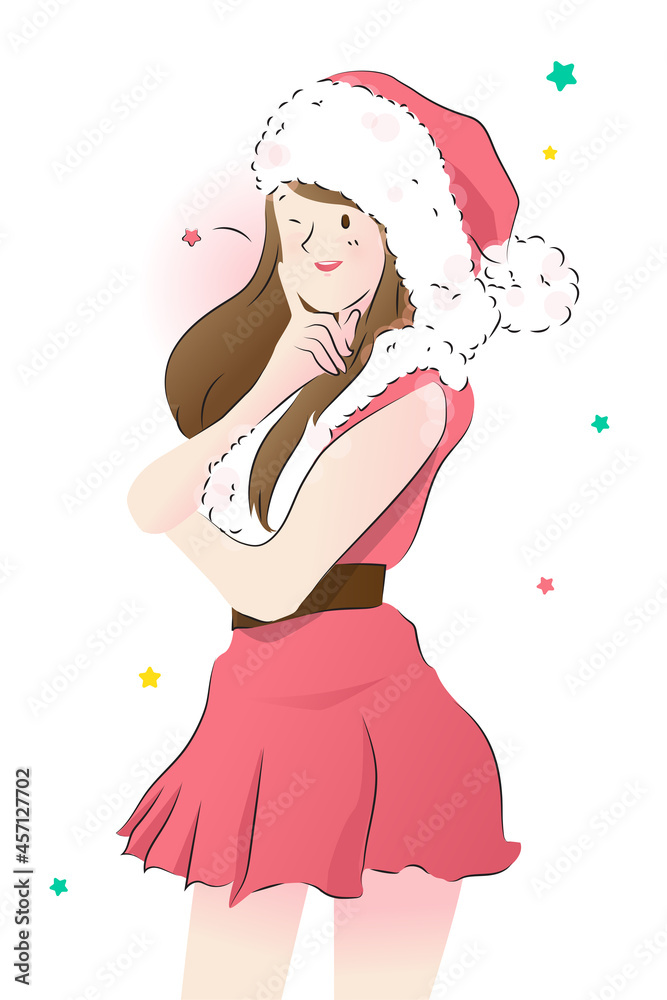 Cute santa claus cosplay by pretty girl flat vector illustration character design with small star decoration Cute santa claus cosplay by pretty girl flat vector illustration character design with small star decoration