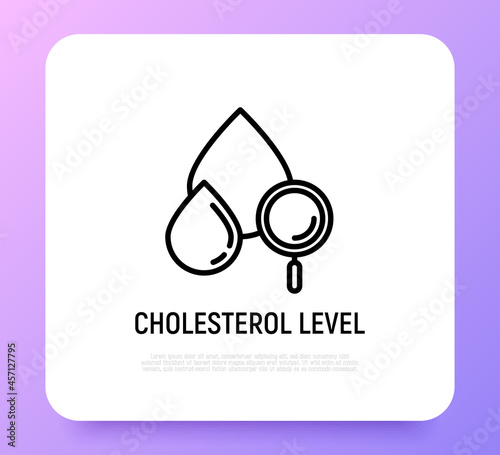Cholesterol level thin line icon, blood drop with magnifying glass. Modern vector illustration of blood test.