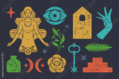 Magic boho goddess of moon with mystical crescent