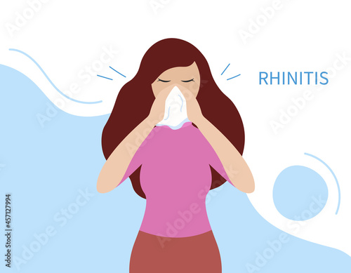 Rhinitis illness. Runny nose. Sick woman sneezes and holds handkerchief blowing. Disease concept. Vector flat illustration
