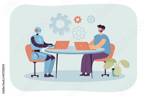 Cartoon man and robot sitting at laptops in workplace together. Male character using AI as workforce flat vector illustration. Friendship, digital technology, future concept for banner, website design
