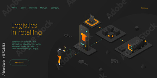 Online retail store transportation in isometric vector design. Shop delivery service and truck logistics concept. Market supply chain and shipment. Web banner layout template.