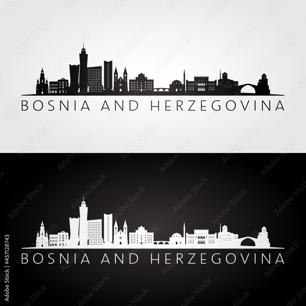 Naklejka premium Bosnia and Herzegovina skyline and landmarks silhouette, black and white design, vector illustration.