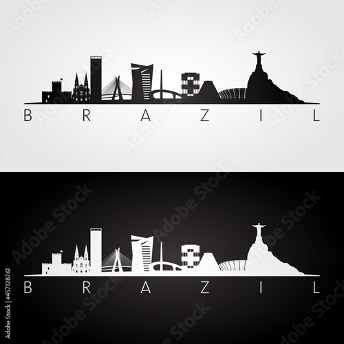 Brazil skyline and landmarks silhouette, black and white design, vector illustration.