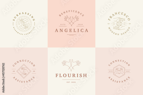 Feminine logos emblems design templates set with female hands gestures vector illustrations minimal line art style.