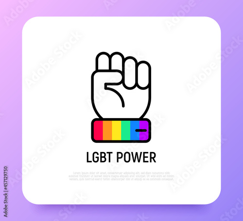 LGBT power thin line icon: hand with rainbow wristband. Modern vector illustration.