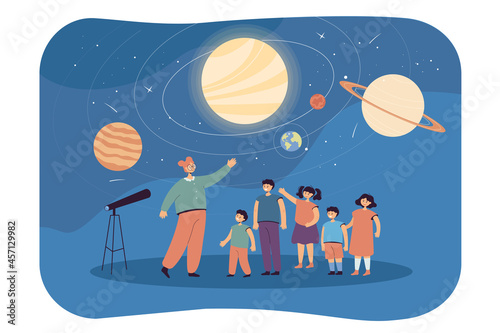 Cartoon children on school trip to planetarium with teacher. Kids learning about space and planets flat vector illustration. Astronomy, education concept for banner, website design or landing web page