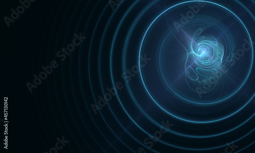 Blue electric charge, explosion or radiance with blazing plasma and rings of sound waves in dark space. 3d digital conceptual composition great as banner, backdrop, cover or element of design.
