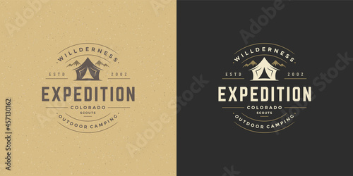 Mountain camping logo emblem vector illustration with tent silhouette for shirt or print stamp