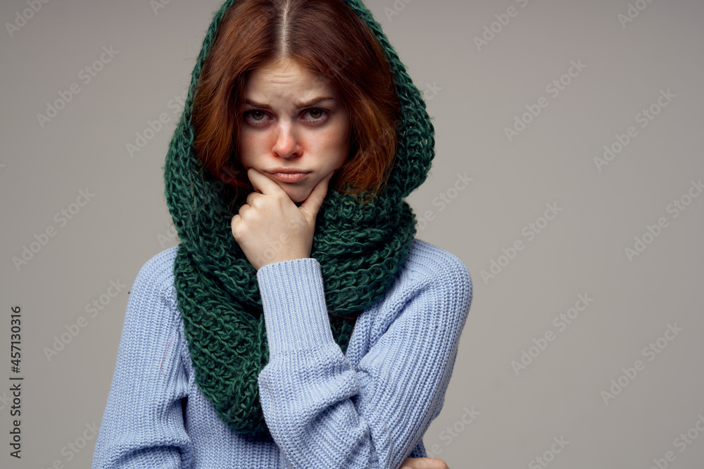 sick woman health problems temperature light background sick woman health problems temperature light background