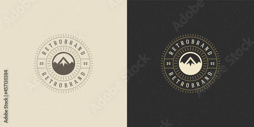 Mountain camping logo emblem outdoor landscape vector illustration rock hills silhouette for shirt or print stamp