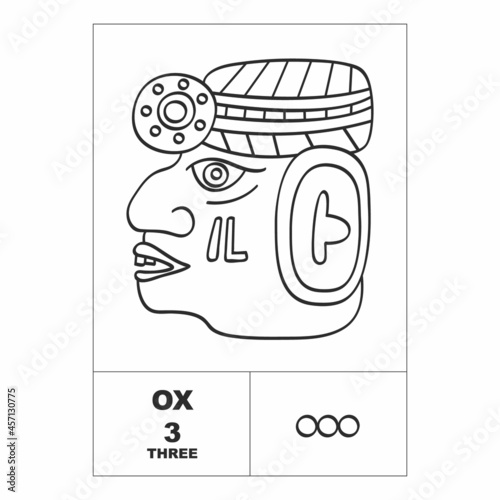 Vector icon with Mayan numerals. Mayan head glyph Ox and maya symbol number three