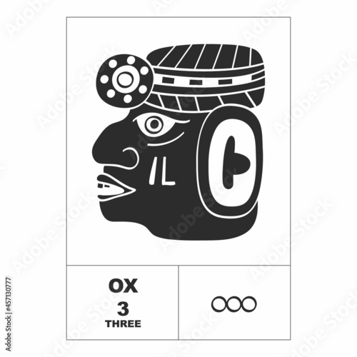 Vector icon with Mayan numerals. Mayan head glyph Ox and maya symbol number three photo