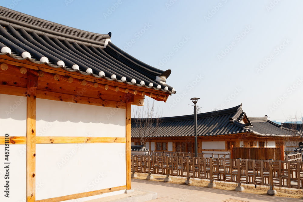 Fototapeta premium Traditional Korean style architecture at Hanok Village. Traditional Korean house.