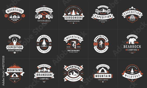 Camping logos and badges templates vector design elements and silhouettes set