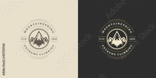 Mountain camping logo emblem outdoor landscape vector illustration rock hills silhouette for shirt or print stamp