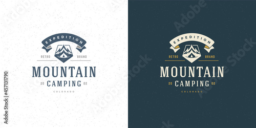 Mountains logo emblem outdoor adventure camping vector illustration mountain and tent silhouettes