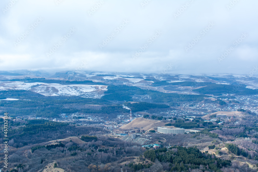 Kislovodsk, Russia. December 28, 2018. View from a high mountain to the mountains and forest of Kislovodsk.