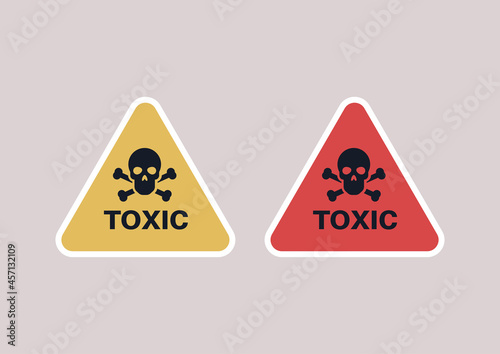 A set of yellow and red triangle toxic signs with skulls and crossbones