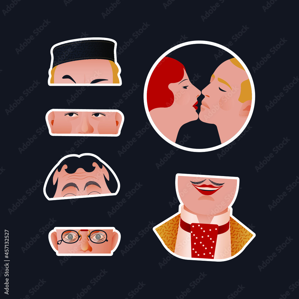 Vintage Retro Sticker Pack. Modern Flat Vector Concept Illustrations. Old-Fashioned Kissing Couple, Parts of Faces. Social Media Ads.