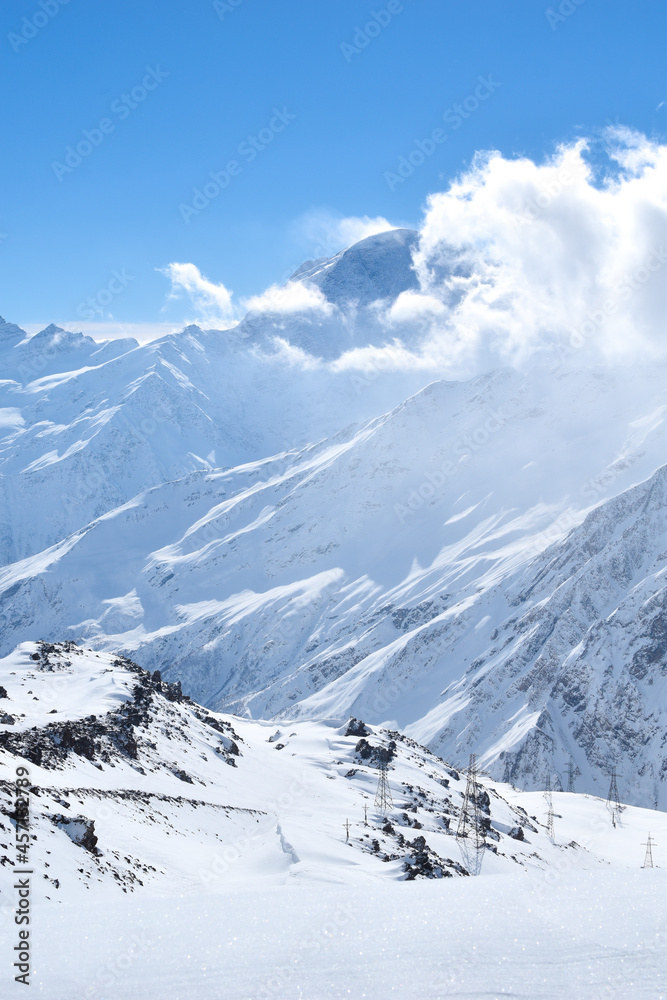 Ski slope on Elbrus. Caucasus snowy mountains.