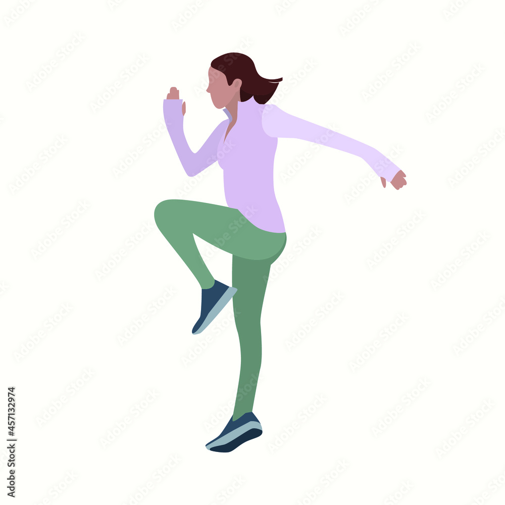 Vector illustration of jumping young woman in sportswear. Flat. Sport, training.