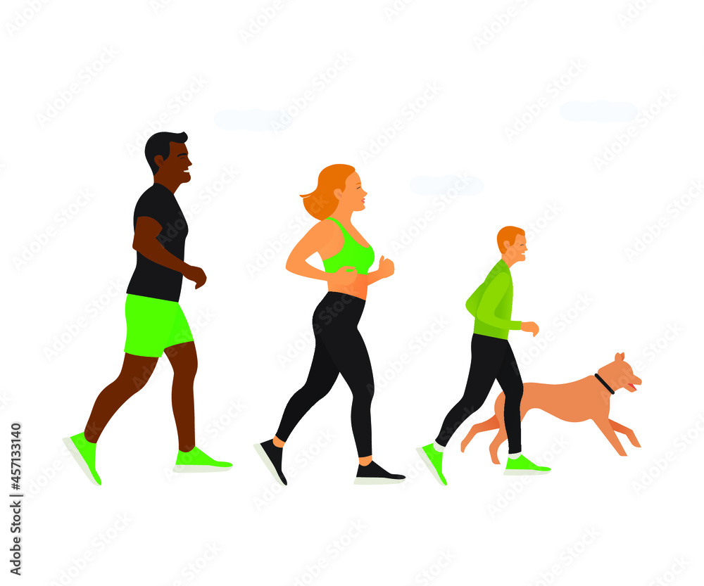 Modern Vector illustration of Jogging Family of Parents, Child and Dog. Afro American Male and Caucasian Female and Boy in Green Sportswear. Flat, Sport, Training, Run.