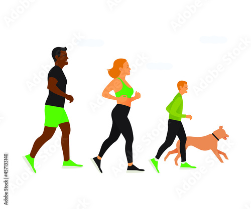 Modern Vector illustration of Jogging Family of Parents  Child and Dog. Afro American Male and Caucasian Female and Boy in Green Sportswear. Flat  Sport  Training  Run.