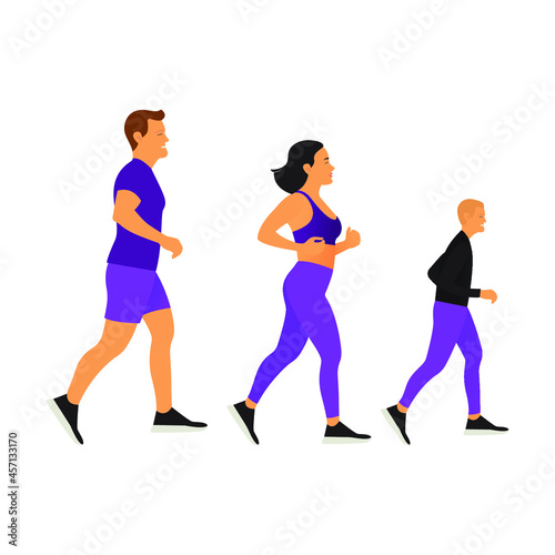 Modern Vector illustration of Jogging Family of Parents and Child. Male and Female and Boy in Purple Sportswear. Flat  Sport  Training  Run.