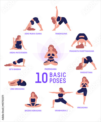 Vector illustration set of ten basic poses. Trikonasana, Prasarita Padotanasana, Pasvottana, Vrksasana, Virabhadra-2, Baddha Konasana, Janu Sirsasana, Setu Bandha, Ardha Matsyendra, Adho Mukha Svana. 