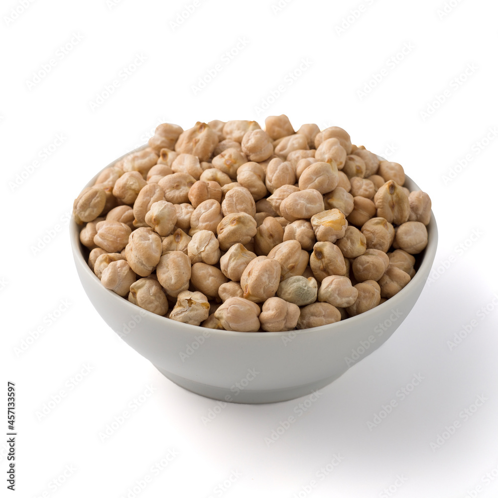 White round pot full of uncoked chickpea. isolated on white White round pot full of uncoked chickpea. isolated on white
