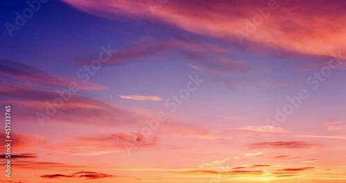 Morning colorful skyscape tranquil scene. Sunrise time lapse. Beautiful nature. Natural timelapse background of gradients in motion. Sense of dynamic energy. Multicolored skyline.